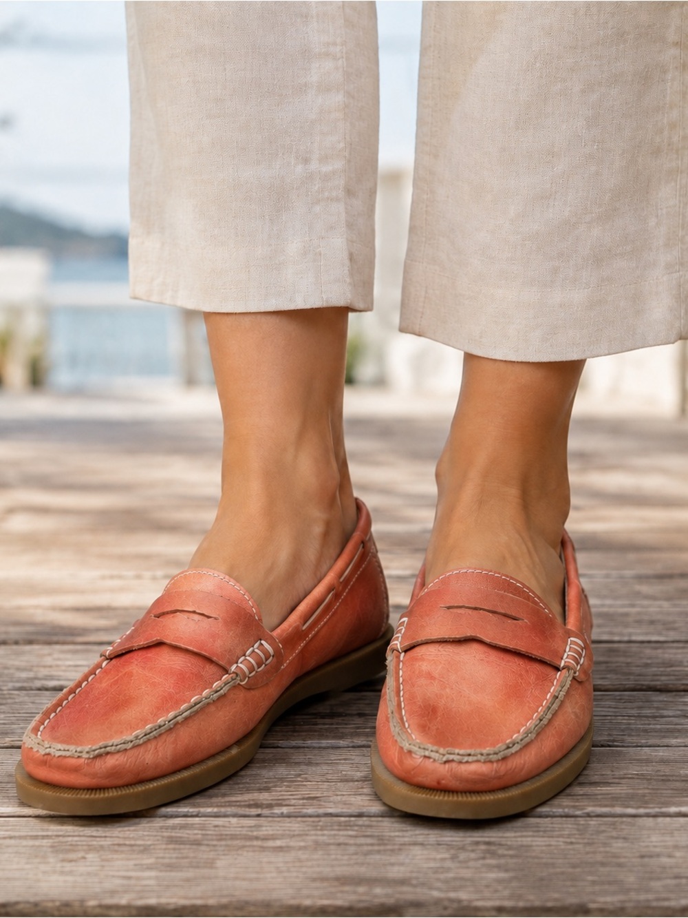 Bed Stu Womens 6.5 Coral Orange Leather Penny Loafers Moc Toe Slip On Shoes Boho